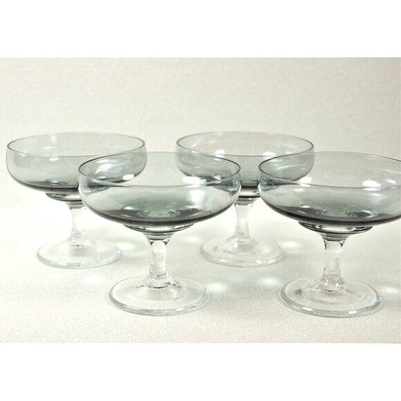 4 Champagne Coupes Per Lüttken Holmegaard Denmark "Atlantic", Smoke Glass Sorbet - Picture 1 of 5